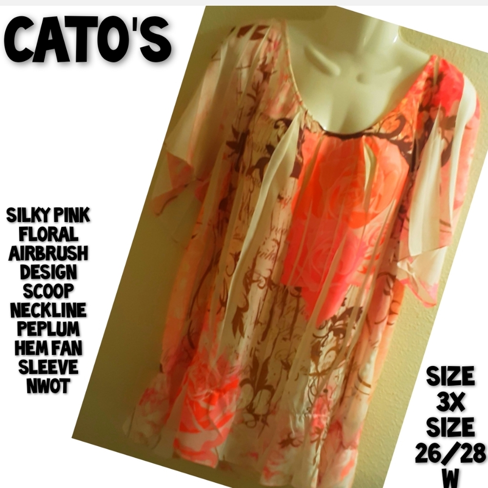 Cato Top Pink Floral Airbrush Peplum Hem Size 26/28W NWOT - Picture 1 of 15
